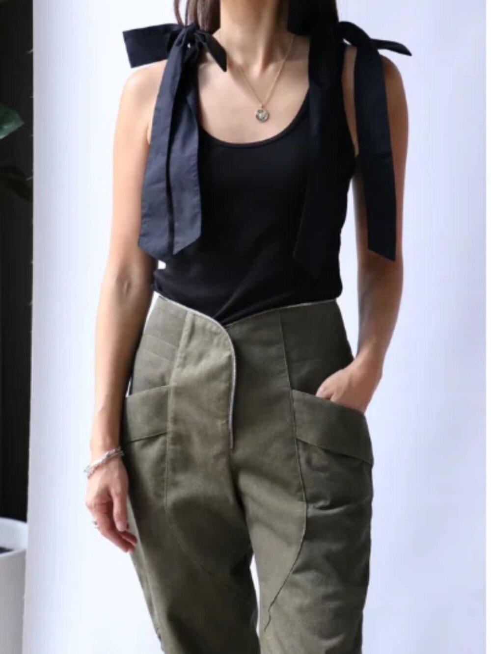 Ulla Johnson Bailey Ribbed Bow Shoulder Tank Top Black Cotton Medium